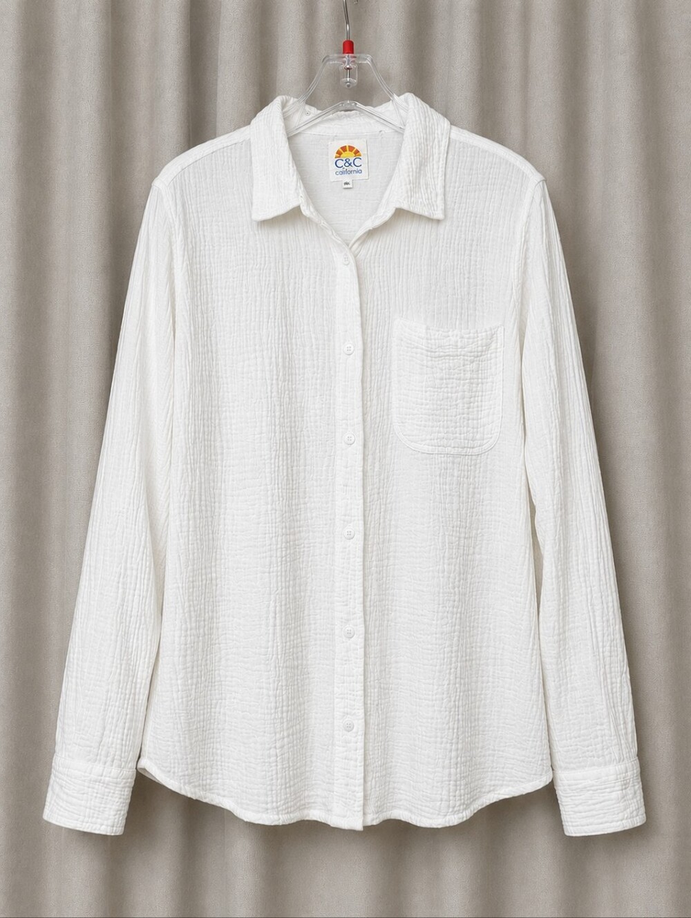 C&C California White Crinkled Beachy Gauze Button Front Airy Coastal Boho Blouse